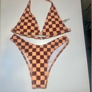 Brown Checkered Bikini Set Size Small
